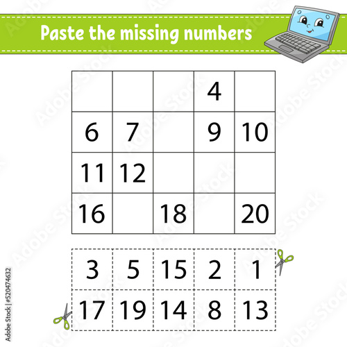Paste the missing numbers 1-20. Game for children. Handwriting practice. Learning numbers for kids. Education developing worksheet. Activity page. Isolated vector illustration in cute cartoon style.