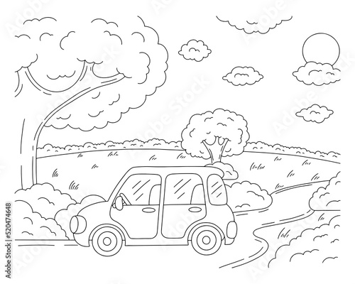 Wonderful natural landscape. Coloring book page for kids. Cartoon style. The car is driving along the road along the forest. Vector illustration isolated on white background.