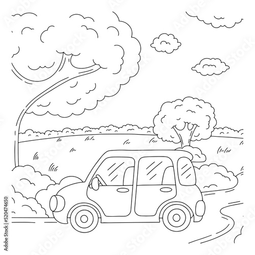 Wonderful natural landscape. Coloring book page for kids. Cartoon style. The car is driving along the road along the forest. Vector illustration isolated on white background.