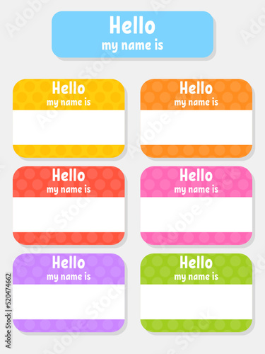 Hello name badge. Bright stickers. Rectangular label. Color vector isolated illustration.