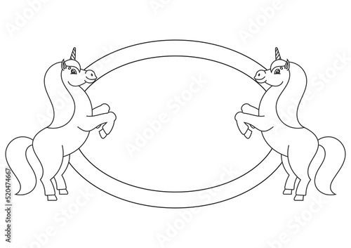 The two horses reared up. Coloring book for kids. The magical unicorn reared up. The animal horse stands on its hind legs. Cartoon style. Simple flat vector illustration.