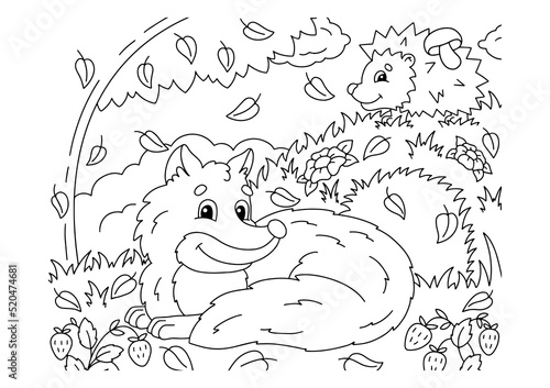 Fox and hedgehog in a forest clearing. Coloring book page for kids. Cartoon style character. Vector illustration isolated on white background.