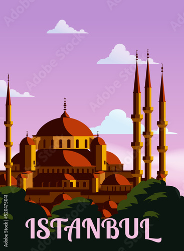 Retro Poster Istanbul, sunset city Turkey, Noble Hagia Sophia Grand Mosque. Vintage touristic postcard