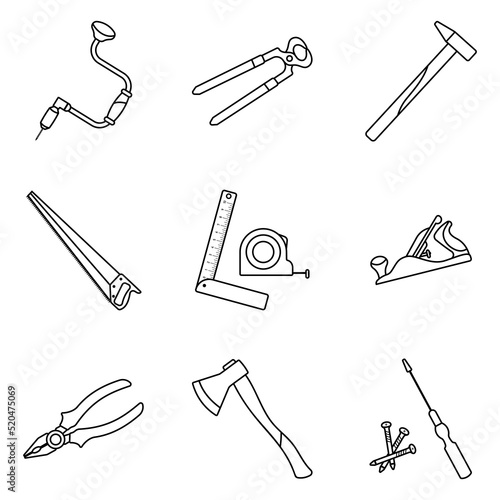Carpentry tools set for work of carpenter. Vector illustration in outline flat style