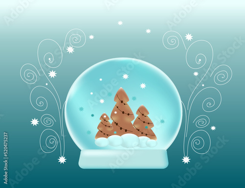 Realistic 3d render snow globe with  Christmas trees.  Vector modern background.
