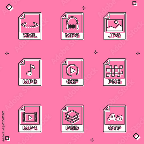 Set XML file document, MP3, JPG, , GIF and PNG icon. Vector