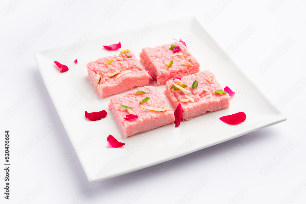 Rose Kalakand pink barfi or burfi also known as flavoured Mishri Mava Or Khoa Milkcake mithai Rose Kalakand pink barfi or burfi also known as flavoured Mishri Mava Or Khoa Milkcake mithai