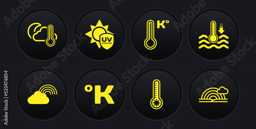 Set Rainbow with cloud, Water thermometer, Kelvin, Meteorology, UV protection, and Thermometer and moon icon. Vector