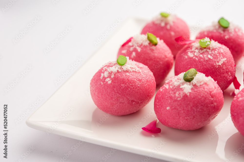 Delicious Pink Chumchum or rose flavour cham cham or Rasgulla or Rasagola, Rosogola, Rosogolla Delicious Pink Chumchum or rose flavour cham cham or Rasgulla or Rasagola, Rosogola, Rosogolla