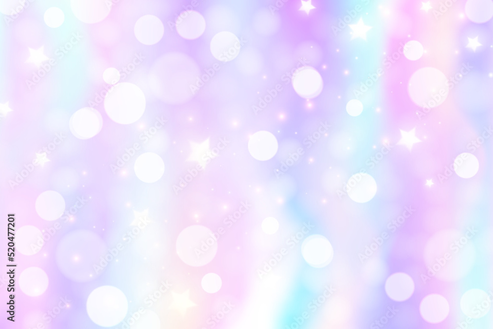 Obraz premium Rainbow unicorn background. Pastel gradient color sky with glitter and bokeh. Magic galaxy space and stars. Vector abstract parttern.