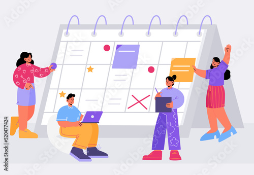 People organize work with calendar, agenda schedule. Vector flat illustration of time management, business plan. Men and women employees mark events, tasks and routines on daily planner