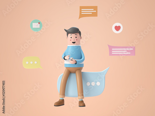 3D illustration character young man sitting and use smartphone connection rendering