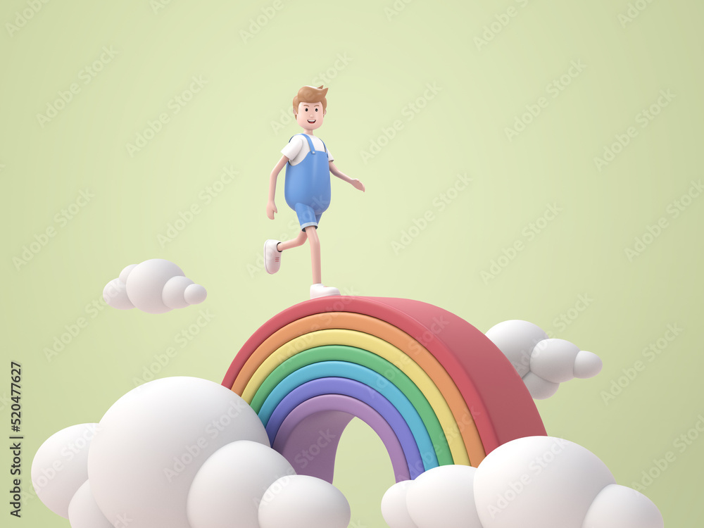 3D illustration little boy walking on rainbow rendering 3D illustration little boy walking on rainbow rendering
