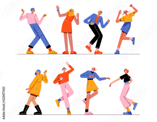 People dance  move body at music tunes. Young male and female characters enjoying melodies. Excited men and women dancing and rejoice at disco party or celebration  Line art flat vector illustration