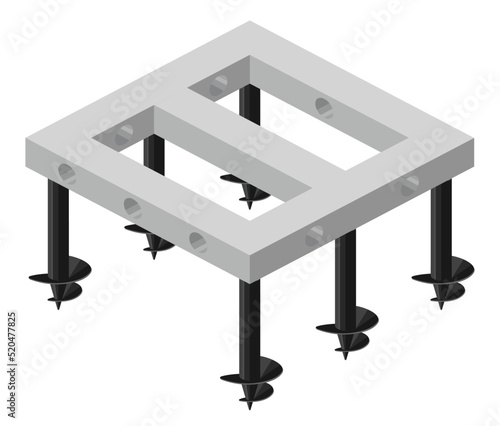 Monolithic reinforced concrete grillage on screw piles. Diagram of a strip foundation with formwork. Construction of building. Isometric view. Vector 