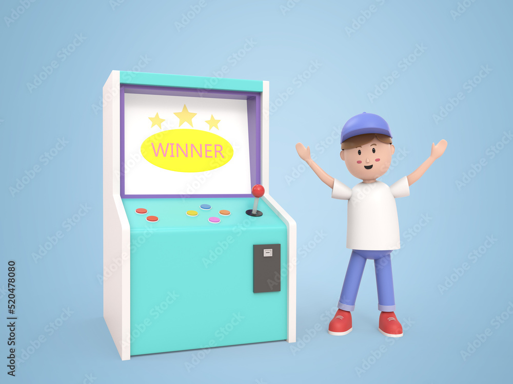 3D male cartoon character playing at the game cabinet 3D male cartoon character playing at the game cabinet