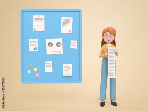 3d cartoon woman writing a note and sticking it on the board