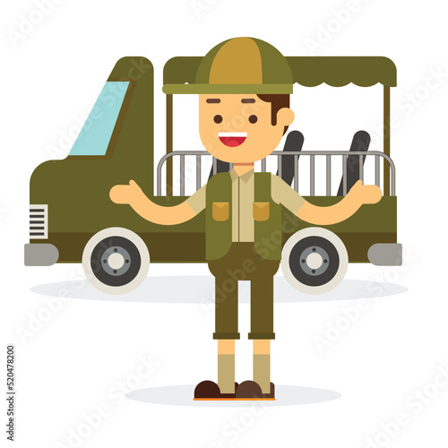 Zoo concept with driver man drives safari car