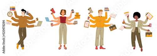 Busy characters multitask, business men and women with many hands holding laptop, stationery, mobile, working tools and docs. Multitasking, delegation authority Line art flat vector illustration