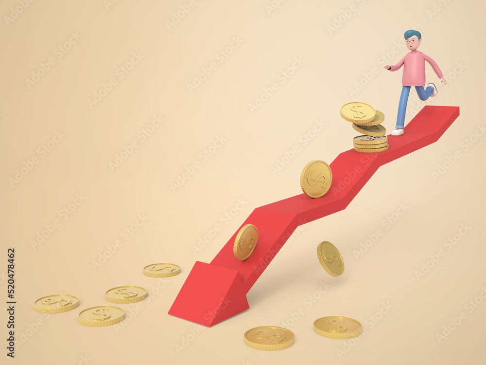 3d cartoon character. Man running down the graph to collect money. 3d cartoon character. Man running down the graph to collect money.