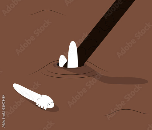 Demodex mites blocking hair follicles and laying on skin. Illustration of dark brown skin infected with demodicosis. 