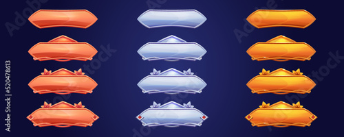 Medieval game menu frames, ui elements, buttons, plaques. Gold, silver and bronze banners with ornate rims. Empty royal gui bars for rpg or arcade, web design interface borders Cartoon 2d vector set