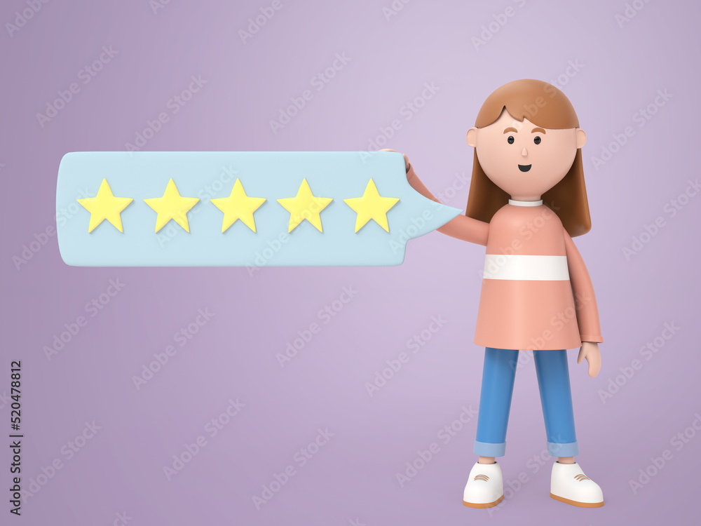 3D character young woman standing with rating five star 3D character young woman standing with rating five star
