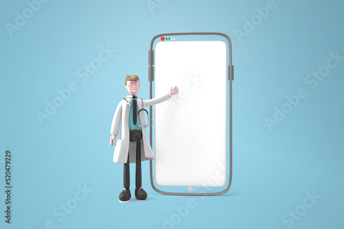 Male doctor with a stethoscope detailed description of the disease via a smartphone