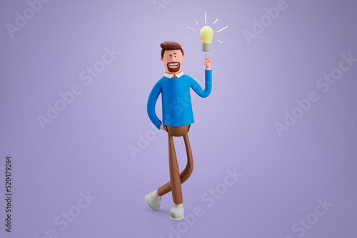 Happy businessman standing and pointing finger at light bulb