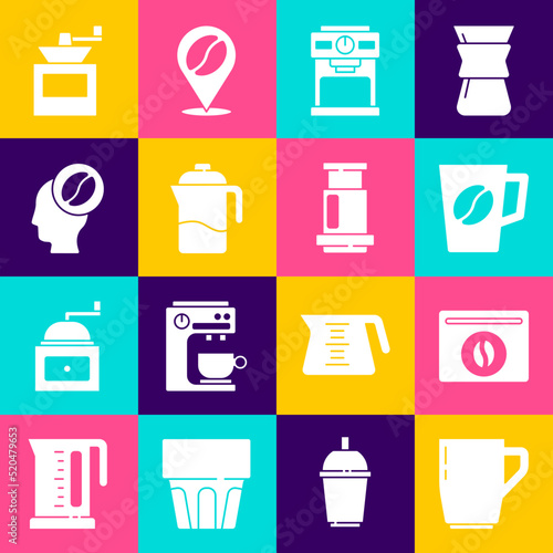 Set Coffee cup, Bag coffee beans, machine, French press, Barista, Manual grinder and Aeropress icon. Vector