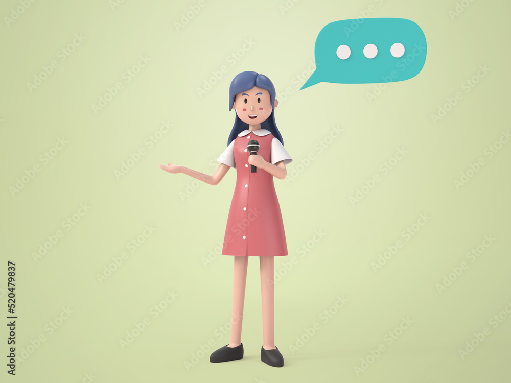 Happy woman holding microphone with bubble speech on isolated background Happy woman holding microphone with bubble speech on isolated background