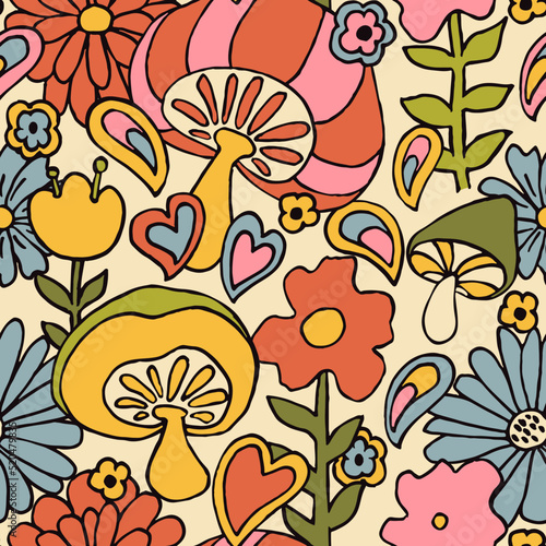 Retro 70s hippie vibrant summer seamless pattern. Floral and mushroom print.
