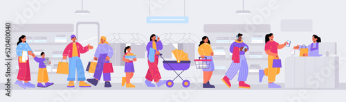 Fashion store with people waiting in queue, cashier at counter, clothes on shelves and hangers. Vector flat illustration of shoppers with bags and basket standing in long line in boutique