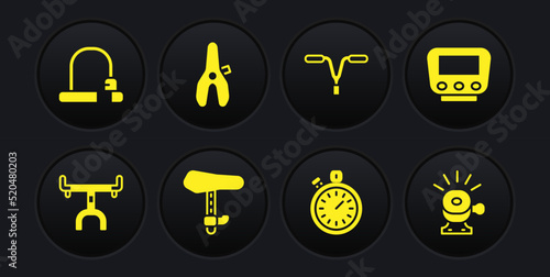Set Bicycle handlebar, speedometer, seat, Stopwatch, bell and lock icon. Vector