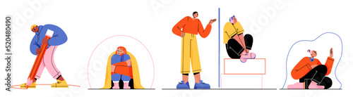 Boundaries of personal space, person safe zone concept. Vector flat illustration of calm people avoid social communications, separating from community with barrier