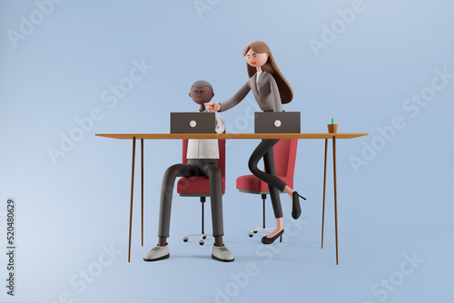 Female boss teaching employee and pointing finger at laptop on isolated background