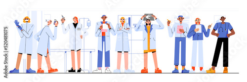 Doctors and nurses hospital staff. Medicine characters in uniform, clinic personnel team wear white robe holding medical tools, clipboard, x-ray or test flas, syringe Line art flat vector illustration