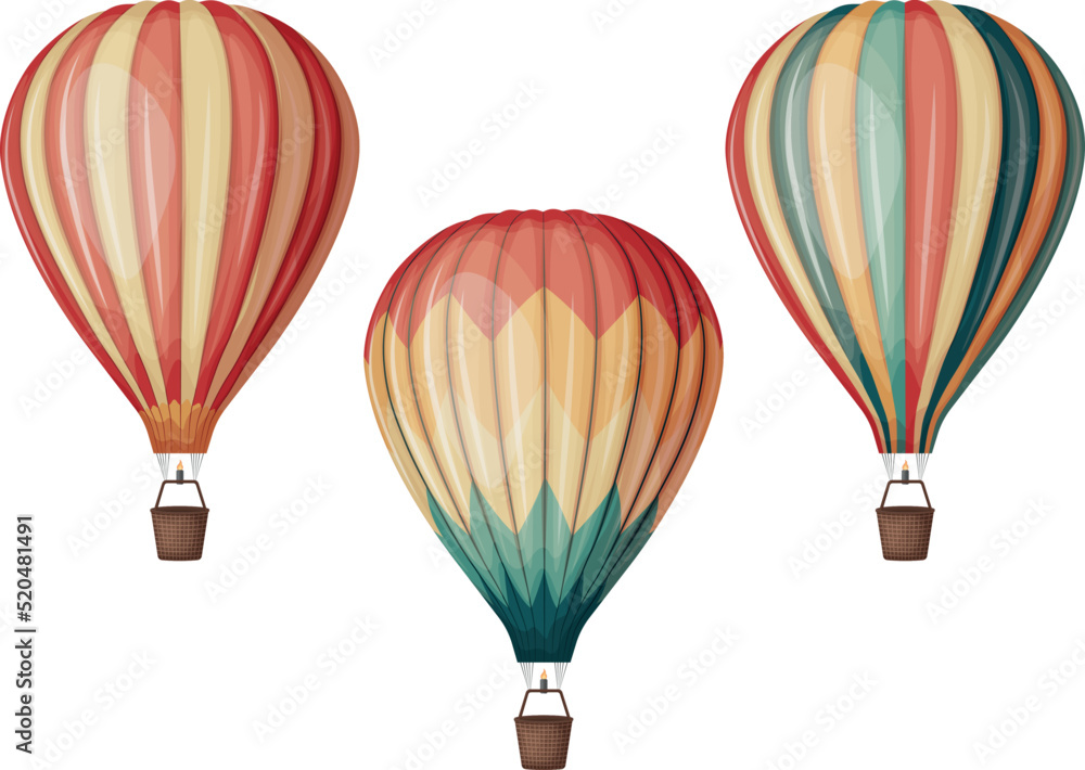 Fototapeta premium Balloons. A set of hot air balloons of different colors. Colored balloons flying across the sky. Vector illustration