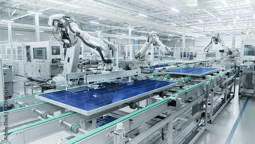 Wide Shot of Solar Panel Production Line with Robot Arms at Modern Bright Factory. Solar Panels are being Assembled on Conveyor. © IM Imagery