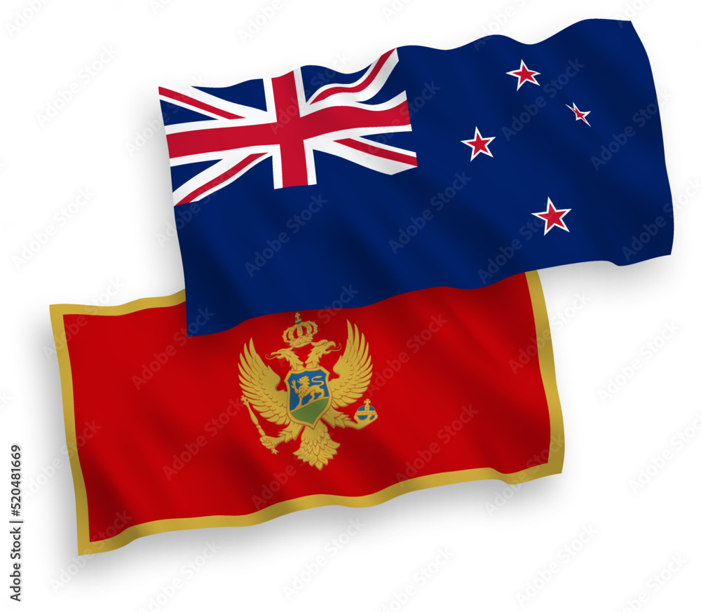 National vector fabric wave flags of New Zealand and Montenegro isolated on white background. 1 to 2 proportion. National vector fabric wave flags of New Zealand and Montenegro isolated on white background. 1 to 2 proportion.