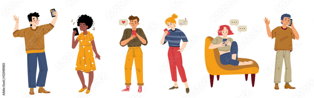 People with smartphones, gadget communication. Men and women with mobile phones call, send love messages, chatting, texting, reading news, listen music, shoot selfie, Line art flat vector illustration