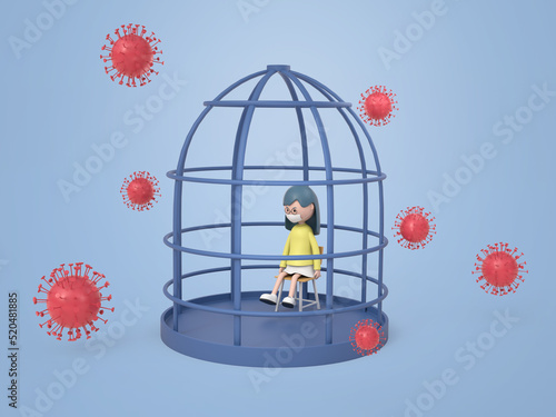 3D cartoon character the girl in cage and virus