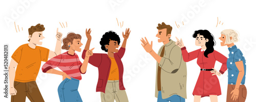 Group of angry people quarrel and argue. Concept of conflict in team, relationship problems, bad communication between friends or workers. Vector flat illustration of men and women dispute and shout