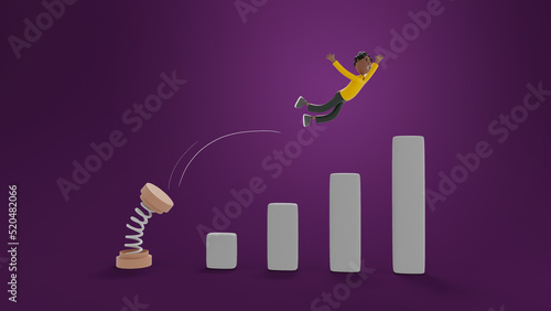 3D illustration of businessman use a spring to cross gap between bar chart to higest point photo