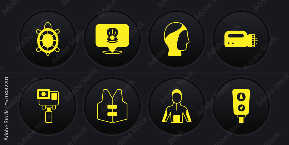 Set Action extreme camera, Flashlight for diver, Life jacket, Wetsuit scuba diving, Diving hood, Scallop sea shell, Gauge scale and Turtle icon. Vector Set Action extreme camera, Flashlight for diver, Life jacket, Wetsuit scuba diving, Diving hood, Scallop sea shell, Gauge scale and Turtle icon. Vector