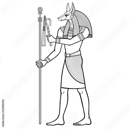 Animation portrait: Ancient Egyptian god Anubis 
holds symbols of the power. God of death and afterworld. View profile. Full growth. Vector illustration isolated on a white background.