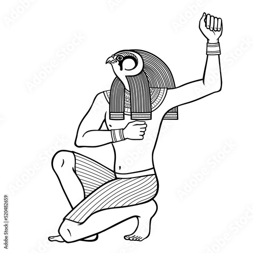 Animation portrait: Ancient Egyptian god Horus in  guise of Falcon. View profile. Vector illustration isolated on a white background.