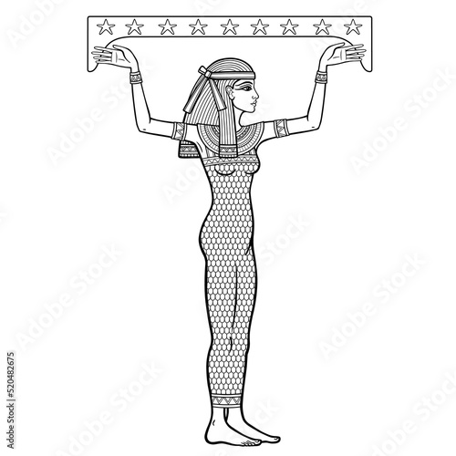 Animation linear portrait: beautiful Egyptian woman holds symbolical star sky. Full growth. Goddess, princess. Profile view. Vector illustration isolated on a white background. 