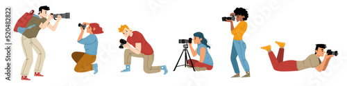 People photographers with camera take shoot in different poses. Vector flat illustration of professional cameraman, paparazzi and journalists taking photo isolated on white background