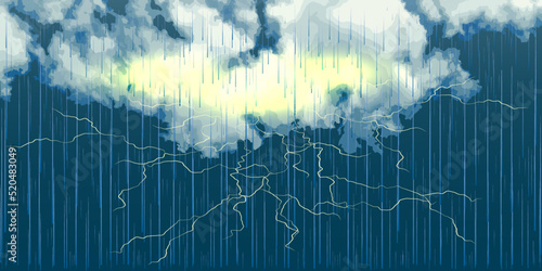 Realistic clouds with rain and lightning.Vector illustration.